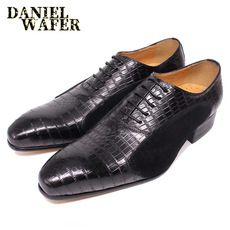 Luxury New Fashion Oxford Man Dress Shoe Lace up Pointed Toe Coffee Black Office Wedding Shoes Suede Patchwork Leather Men Shoes