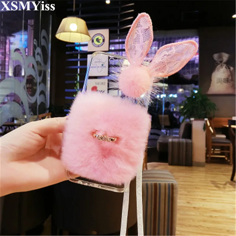 

For Samsung S6 S7 S8 S9 S10 PLUS Lite Note5 8 9 10 Luxury Rhinestone Diamond Fing Ring Stand Rabbit Fur Soft Phone Case Cover