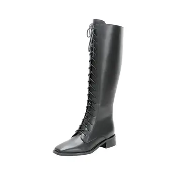 

Genuine leather Women Knee High Boots Autumn Winter Warm Riding Boots Square Toe Ladies High Boots Cross Tied Shoes Woman