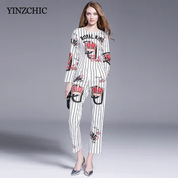 

Autumn New Woman Two Pieces Suit Elegant OL Striped Blouse + Pencil Pants Set Euro Style Female Casual Suits for Office Lady