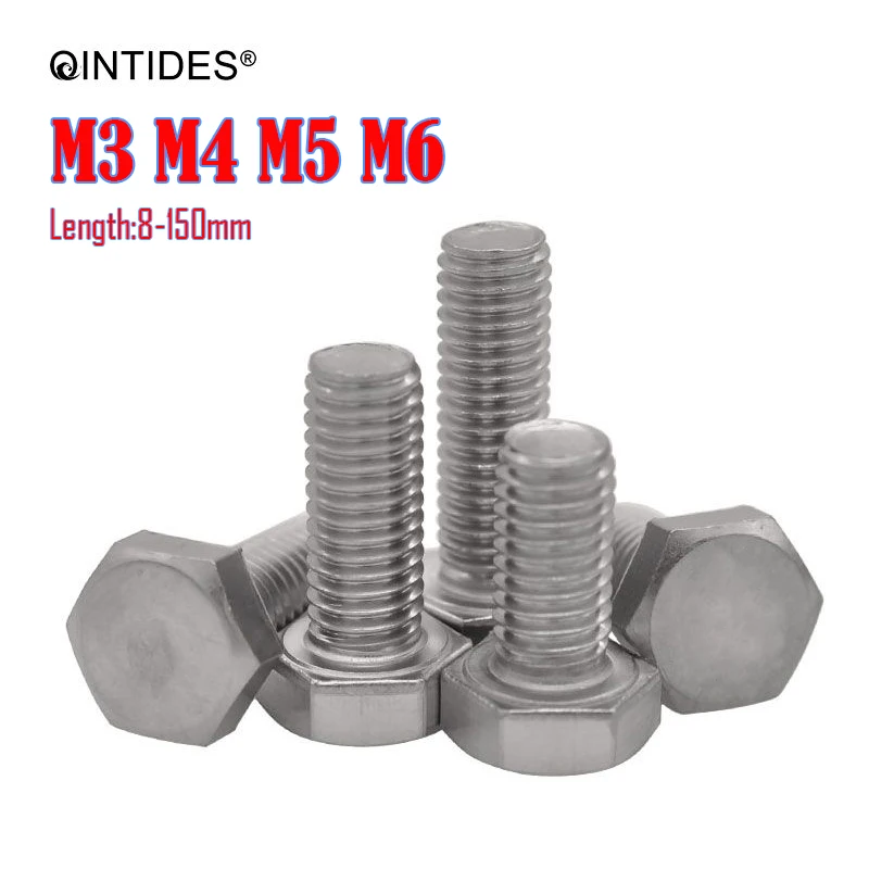 QINTIDES M3 M6 болты с шестигранной головкой полной резьбой 304/316 из нержавеющей стали