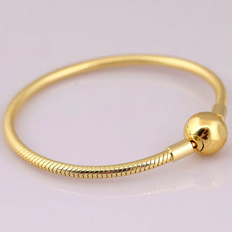 Золотой цвет Moments гладкий шар застежка змея цепь браслет подходит бусины из стерлингового серебра 925 Шарм Diy Европа ювелирные изделия