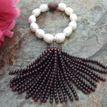 

8'' Natural White Rice Pearl Round Garnet Bracelet Zircon Pave Connector