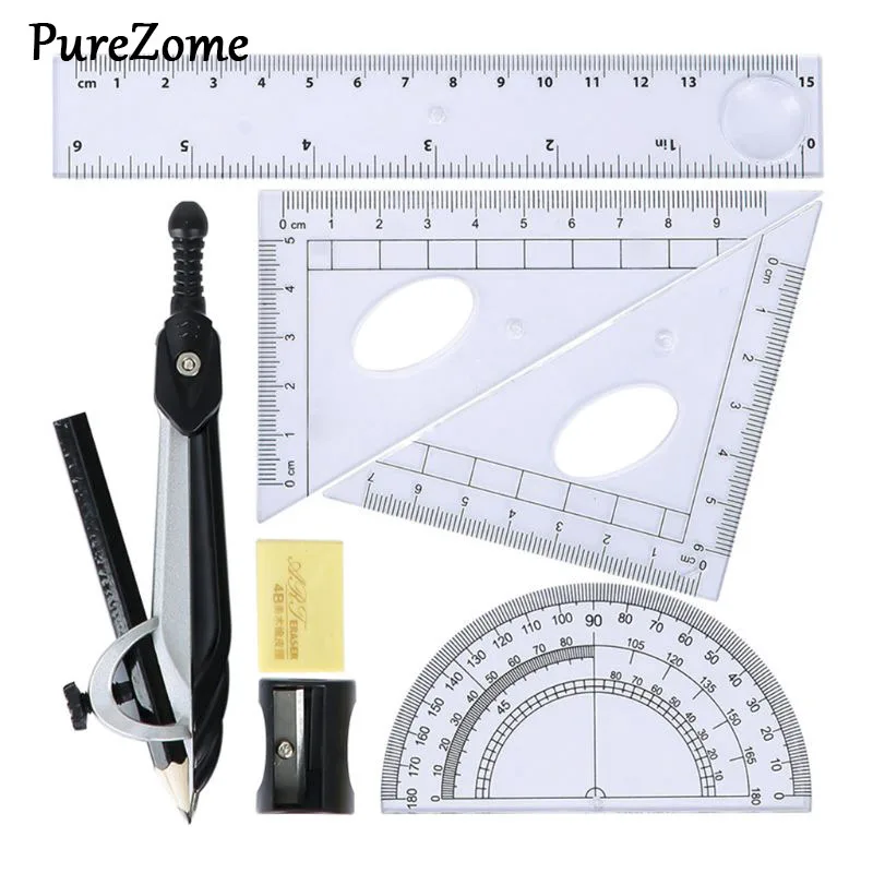 

7pcs/set Math Geometry Protractor Drawing Compass Ruler Triangle Math Study Tool Kit School Supplies