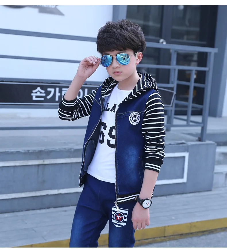 Girls 4-14 Years Casual Fashion Letters Print Stripes Jeans Coats+Blue Washed Jeans Pants Clothing Sets Spring Autumn Jeans Sets