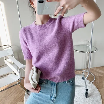 

2020 Spring Summer Women's Lilac Violet Short Sleeve Round Neck Wool Short Sleeve Sweater