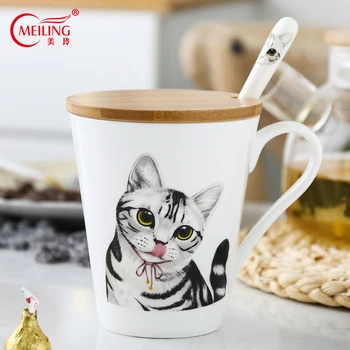 

Porcelain American Shorthair Cat Cup Bone China Coffee Mug Personalized Animal Mug With Wood Lid Tableware Wedding Birthday Gift