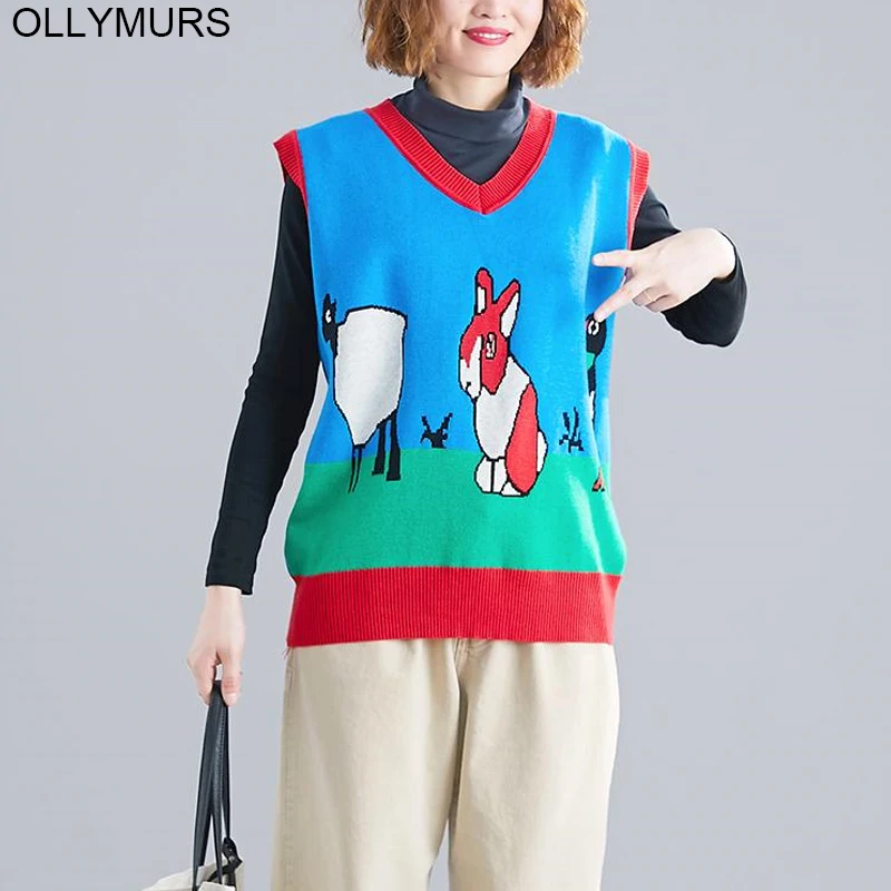 

2019 Women Kawaii V-Neck Knitted Vest Cartoon Animal Print Sweater Tops Pullover Plus Size Autumn Winter Sleeveless Sweater Vest