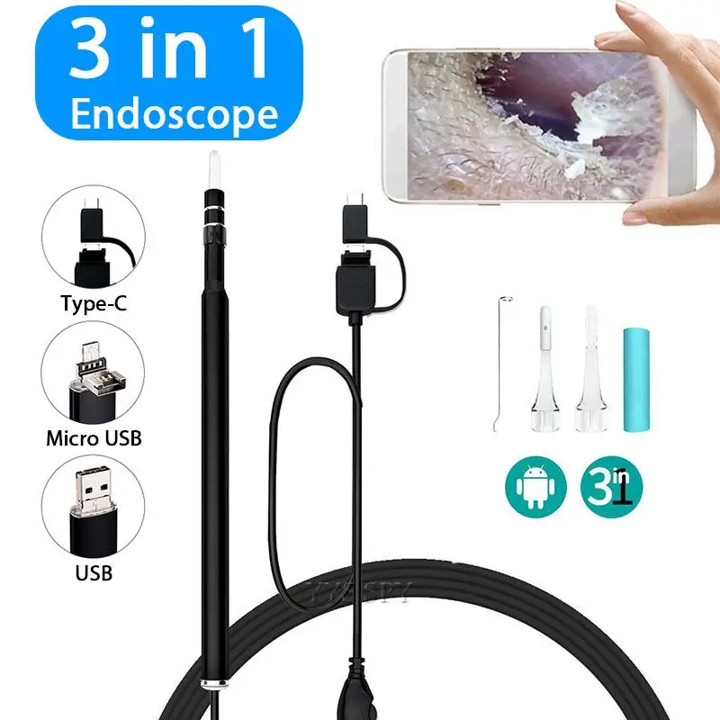 3 в 1 проводной эндоскоп мини-камера 1,5 м 5,5 мм объектив для Android OTG/type-C/USB Borescopes Водонепроницаемый светодиодный светильник Инспекционная камера
