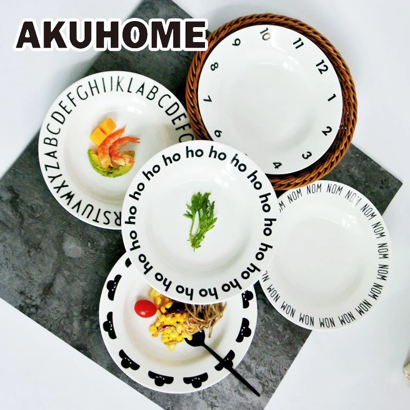 Ceramic Plate Dinner Tableware Set with Letter Decoration Round Dishes For Restaurant Creative Design Tray Food | Дом и сад