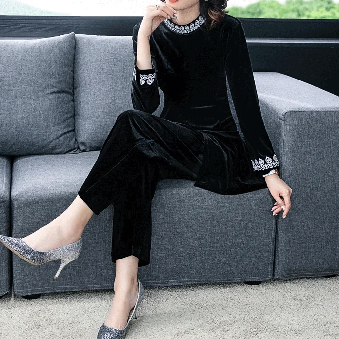 Винтажные черные бархатные комплекты из 2 предметов женские длинные топы с