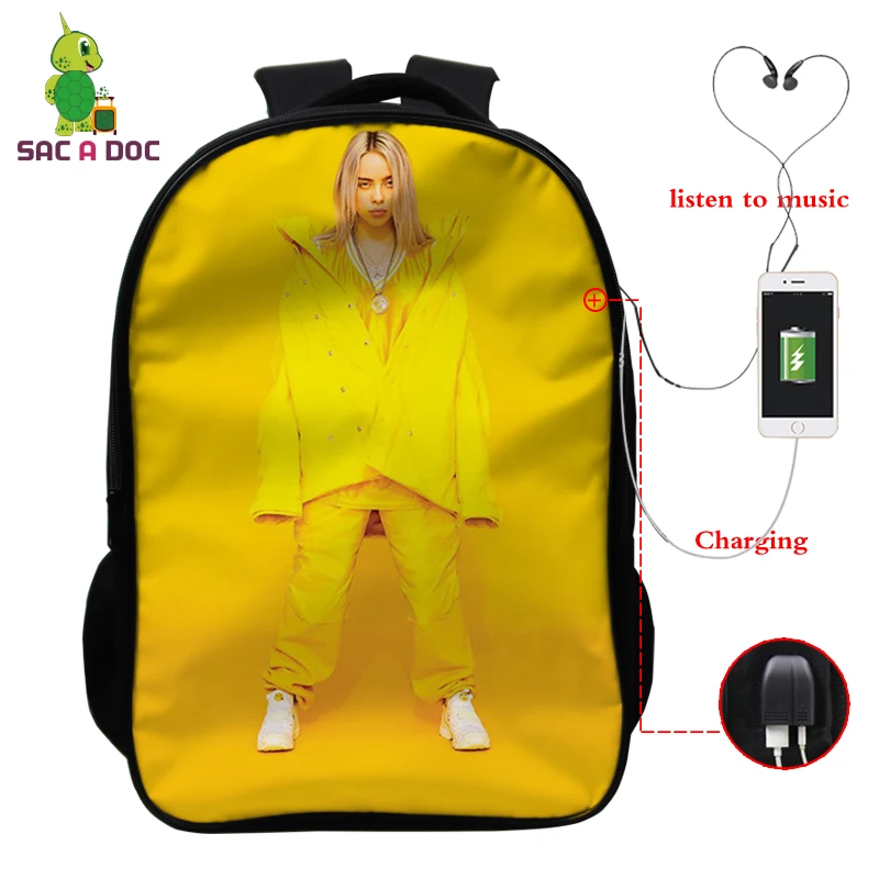 Billie Eilish рюкзак, школьные сумки, 16 дюймов, Детские рюкзаки, детский рюкзак для девочек, рюкзак для путешествий, рюкзак с USB зарядкой - Цвет: Темный хаки