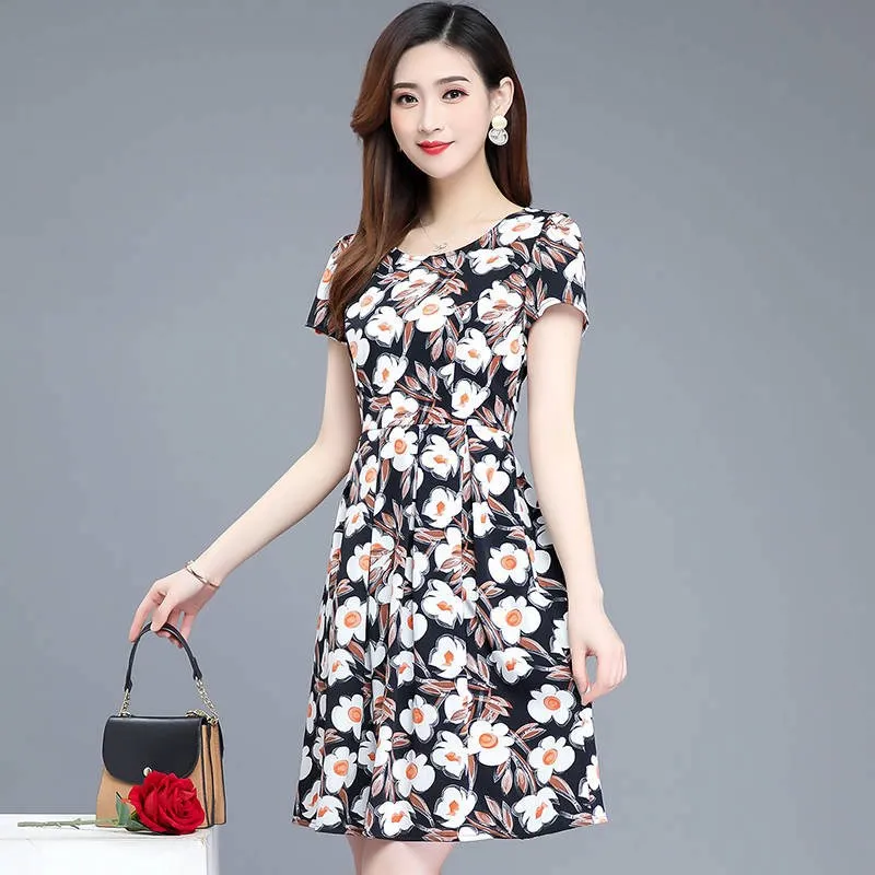

Summer Dress Women's 2019 New Style Printed Large Size Short Sleeve A- line Skirt Versitile