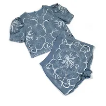 Top Quality Designer Two Piece Set 2020 Summer Blue Hollow Out Embroidery Puff Sleeve Short Tops + Short Culotte