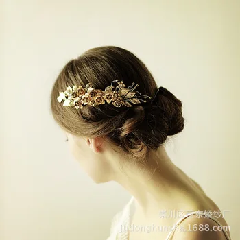 

O840 Golden rose bride hair accessories Fugu Baroque bride headgear export hot hair comb accessories