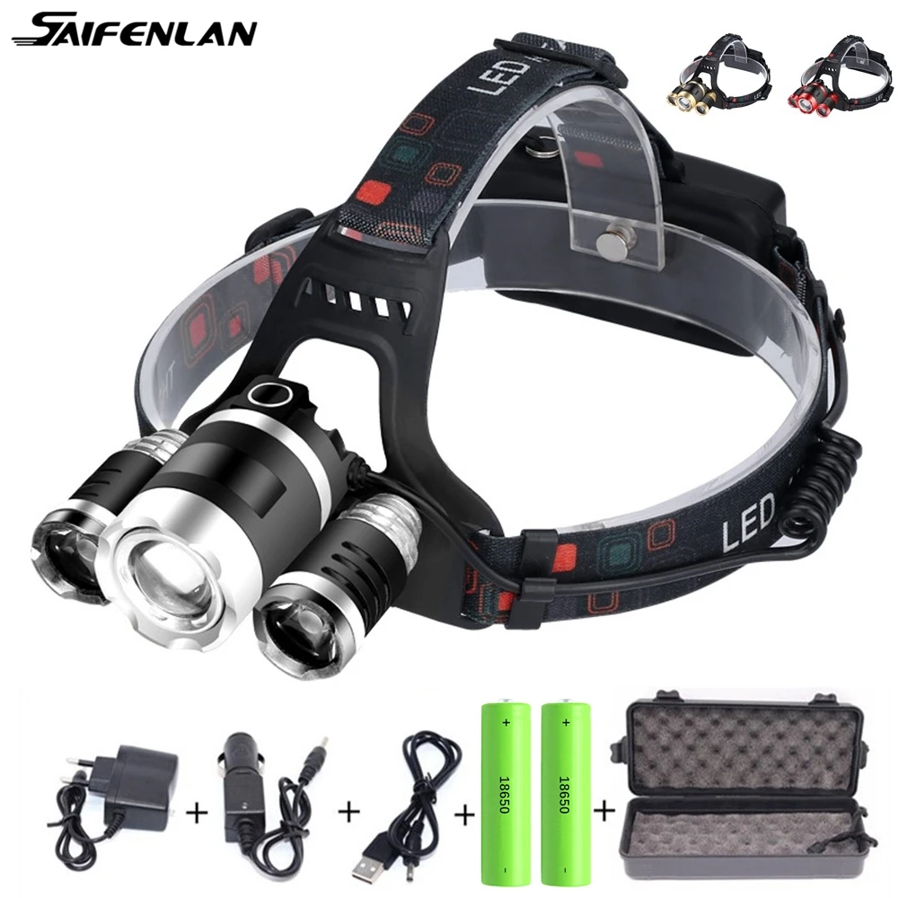 

Zoomable XML 3*T6 Headlamp Headlight 15000 Lumens 4mode Head Lamp Torch 18650 Waterproof Rechargeable Head Lantern for Camping