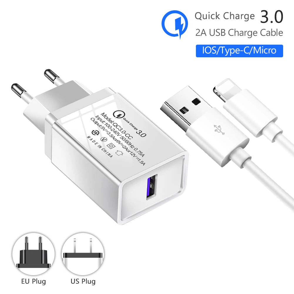 Настенное зарядное устройство Быстрая зарядка мобильный 3,0 кабель дорожный адаптер с микро Портативный USB кабель для телефона xiaomi samsung US Plug