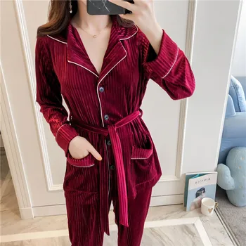 

Velvet Pajamas Suit For Young Lady Long Sleeve 2PCS Top&pants With Waistband&pockets Spring Autumn New Sleep Set Women Home Cothing