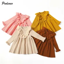 Г. Зимне-весеннее вязаное платье для От 0 до 3 лет, детский Однотонный свитер с длинными рукавами и рюшами Вечерние платья Одежда для новорожденных девочек