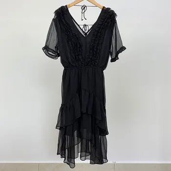 

Women's Beach Dress V-neck Halter Back Asymmetric Club Party Puff Sleeve Stacked Ruffled Patchwork Fashion Vacation Dress Women