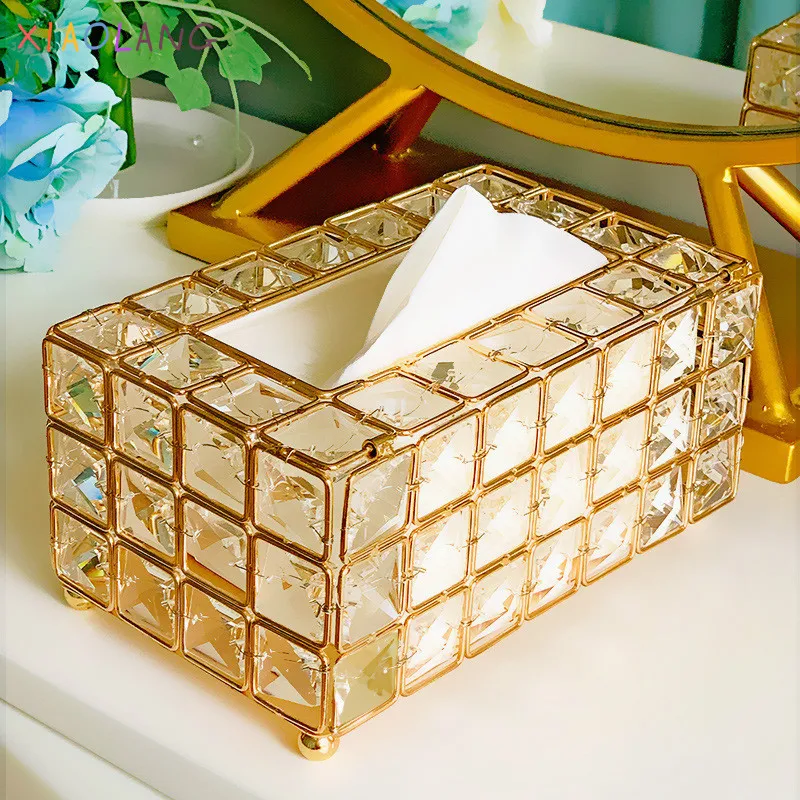 

XIAOLANG Tissue Case Storage Box Shinning Gold Silver Glass Paper Container for Restaurant Car Home Hotel