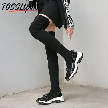 

TASSLYNN 2019 Lycra Shoes Slim Boots Korea Style Slip-On Genuine Leather Stretch Fabric Over The Knee Boots Round Toe Size 35-39