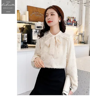

2020 Autumn & Winter New Arrival Korean Version Shirt Plus Velvet Shirt Thickening Tie Bow Lace Chiffon Shirt Free Shipping