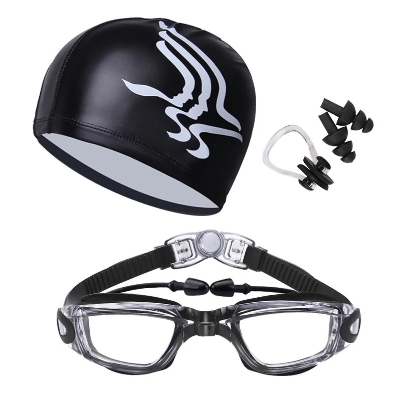 

Swimming Goggles Kit UV-Anti-Fog Natacion Glasses for Men Women Kids with Swim Cap, Nassal clip, Silicone Waterproof Earplugs