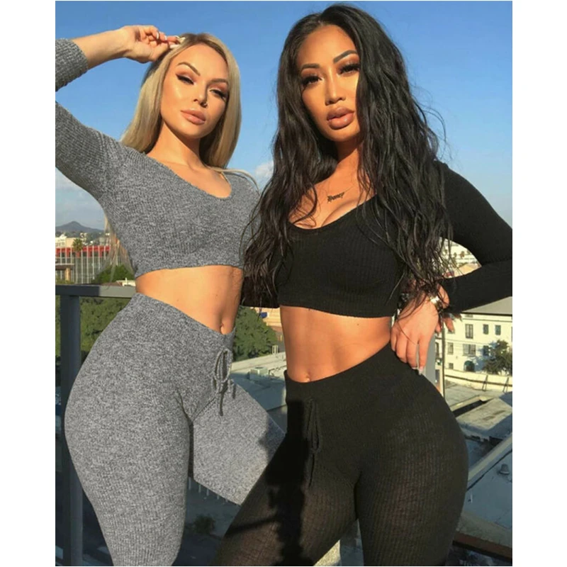 

Women 2PCS Solid Color Long Sleeve Crop Top Casual Pants Set Jumpsuit Outfits O Neck Solid Color Tops