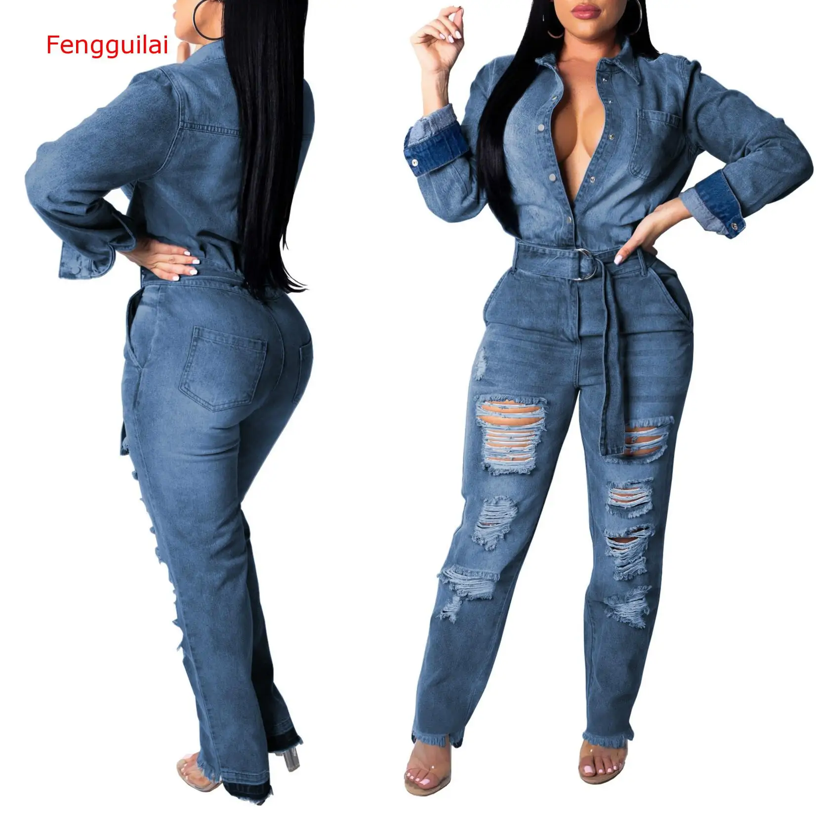 

Fengguilai Women Jumpsuit 2019 Autumn Winter Romper Sexy Slim Deep V Neck Cowboy Hollow Out Jeans