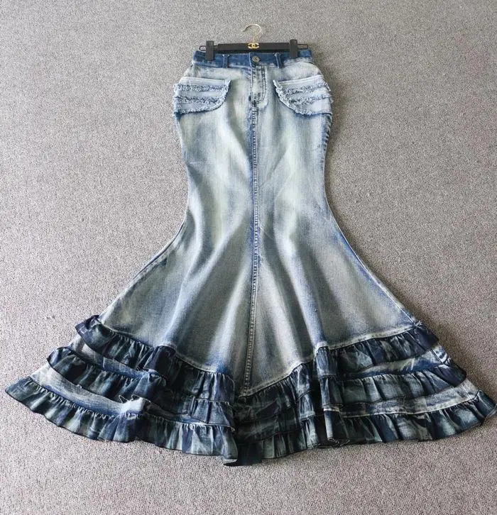 European fashion women sexy high quality denim jeans bodycon tie dyeing gradient color layered ruffles mermaid maxi long skirt
