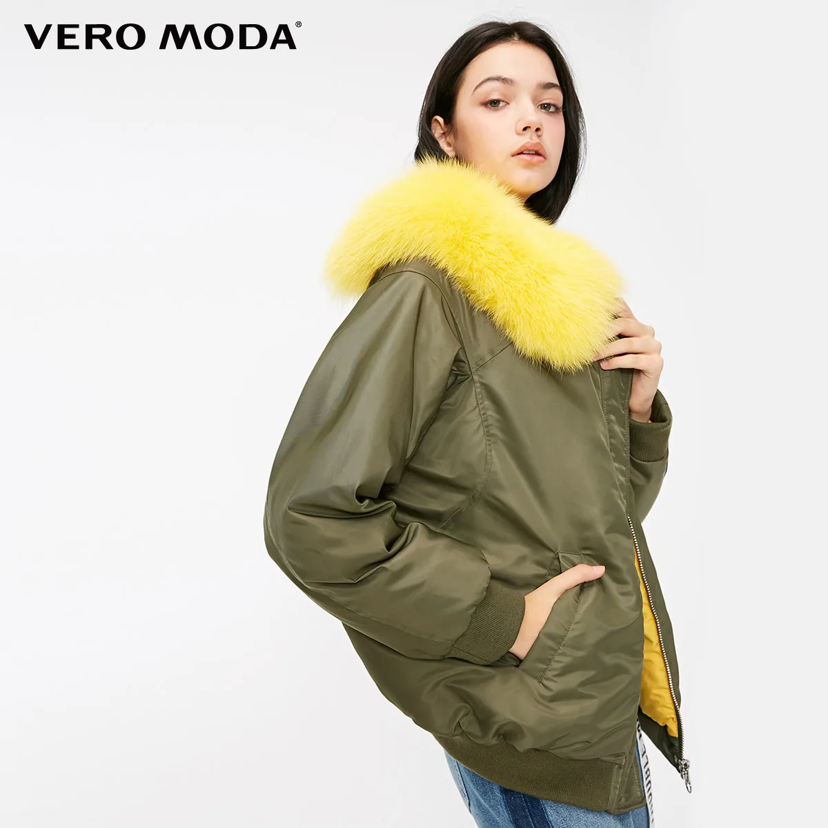 Vero Moda Женский Лисий меховой воротник с большим плечом свободный крой пуховик | 318423519