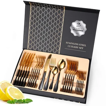 

24pcs Knife Fork Spoon Dinnerware Set with gift box 410 Stainless Steel Tableware Set Knife Fork Spoon Flatware Set Cutlery Set