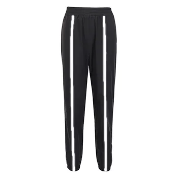 

2019 Autumn And Winter Women's Ins Fashion Reflective Strip Stitching Letters Elastic Waist Casual Pants Black New