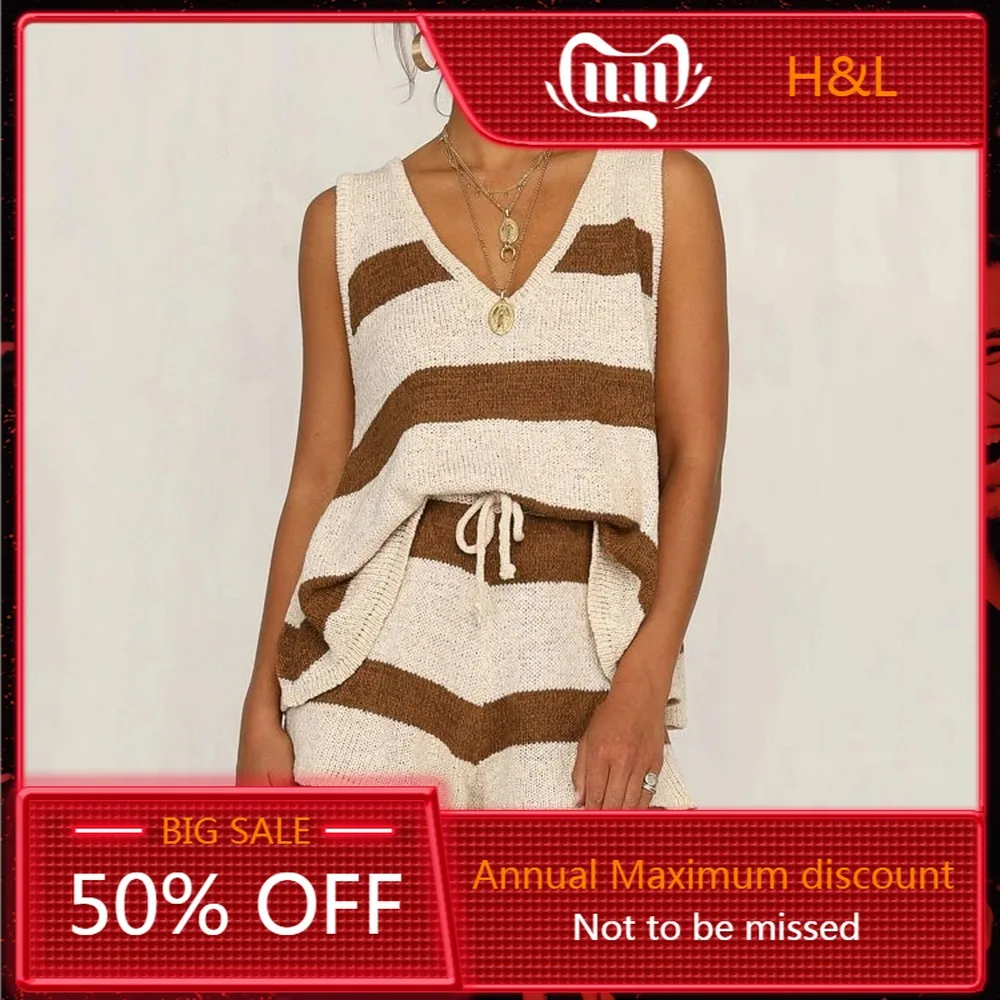 

Women's Knitting Suit Summer 2020 Fashion Casual Deep V-neck Vest Tethered Sweater 2-piece Set Outfits Polyester Pullover Mini