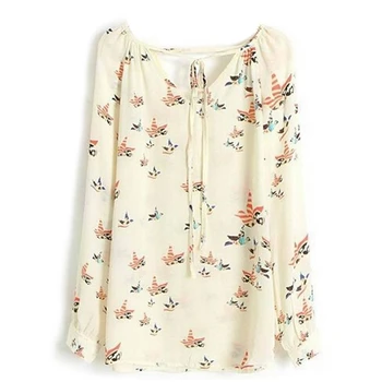 

Women Color Flying Birds Floral V-neck Chiffon Nude Long Sleeve Casual Shirt Blouse Tops XL