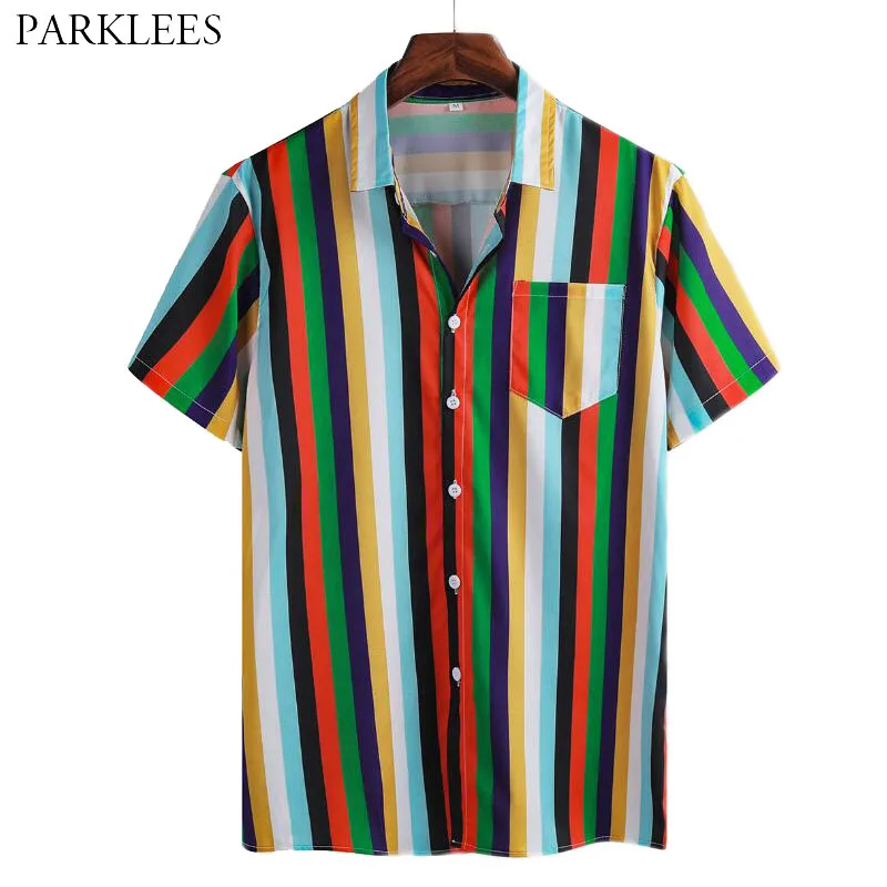 

Colorful Vertical Stripes Mens Summer Shirts Casual Button Shirt for Men Hawaiian Beach Men Short Sleeve Shirt Camisas Hombre