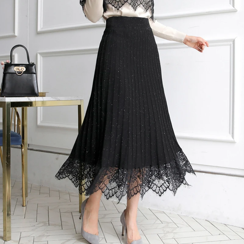 

Women Autumn Winter Elegant Chic Solid Pleated Glitter Lace Patchwork Knitted Skirt Luxury Fashion High Elastic Waist Skirt New
