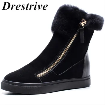 

Drestrive women winter boots cow suede large size 34-42 ankle boots zipper increasing heel 4.5 cm platform snow boots non-slip