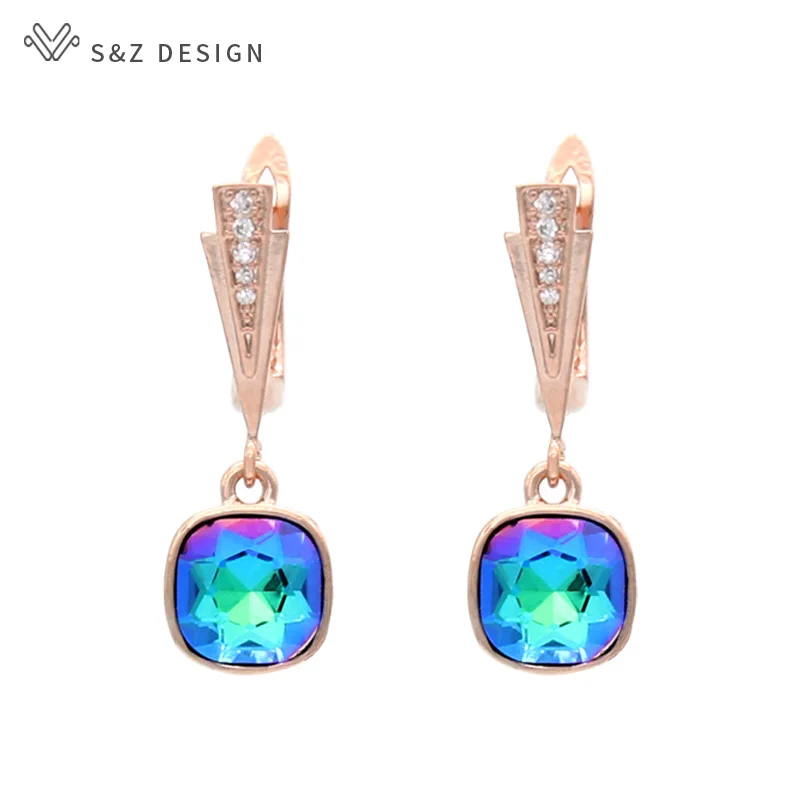S&ampZ DESIGN South Korean Fashion Trendy Colorful Square Crystal Dangle Earrings 585 Rose Gold For Women Wedding Party Jewelry | Украшения
