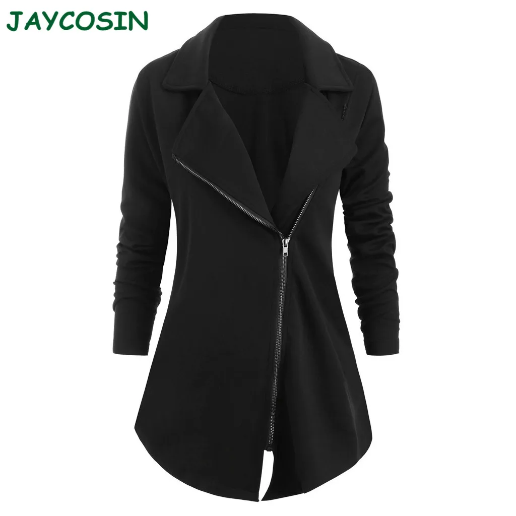 JAYCOSIN одежда для женщин зимнее одноцветное пальто Женская мода с длинным рукавом размера плюс на молнии Асимметричные куртки пальто 1016