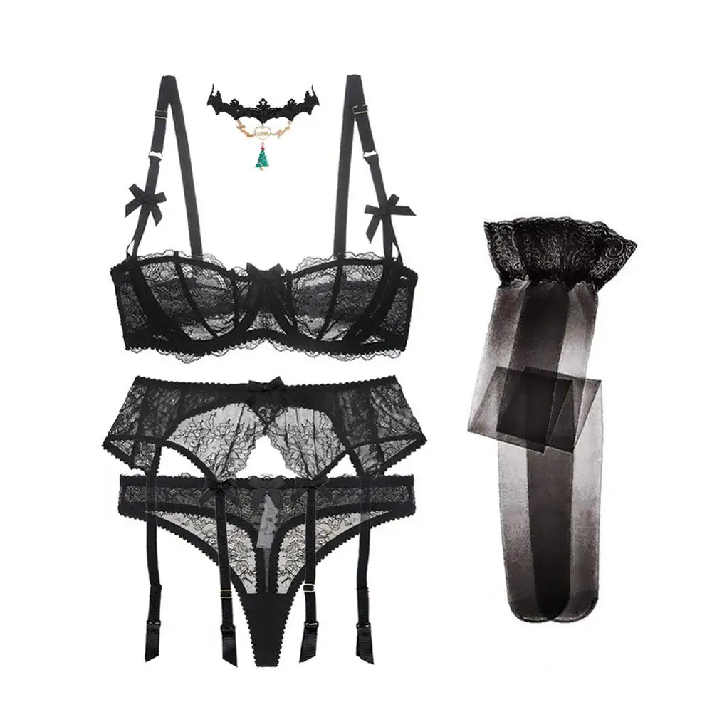 

Lace Transparent Ultra-thin Solid Lolita Style Bra Set and Garter and Stocking and necklace 5 Pieces/Lots