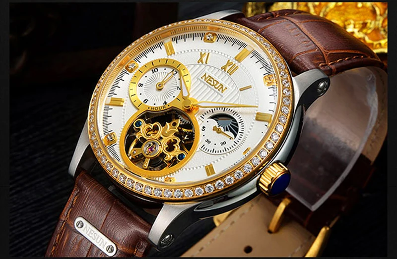 Элитный бренд Швейцарии NESUN Скелет Diamond Часы Для мужчин Самовзводные Для мужчин мужские часы 100 м Водонепроницаемый часы N9093-7