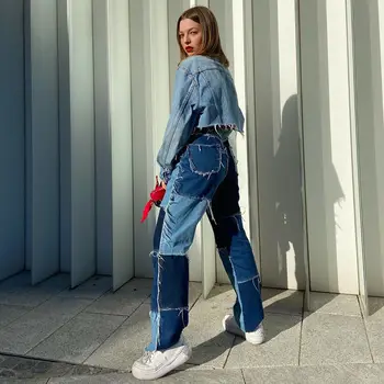 

Women Color Block Jeans Autumn High Waist Pockets Patchwork Straight Trousers Personalized Streetwear