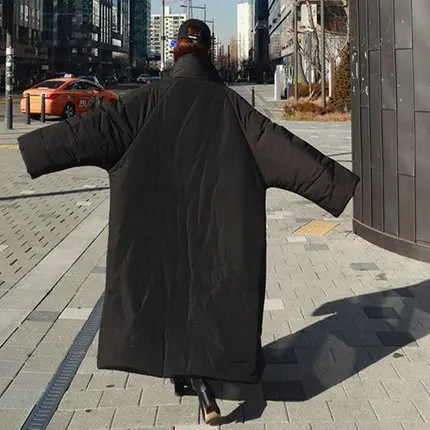 Женский зимний Корейский стиль размера плюс верхняя одежда рукав летучая мышь мода хлопок ватник выше колена длинный абзац Свободное пальто - Цвет: Black