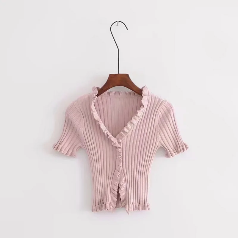 Летняя женская трикотажная рубашка Харадзюку короткий рукав с оборками, укороченный топ, сексуальная уличная одежда, Женская забавная футболка с коротким рукавом - Цвет: pink T Shirt Women