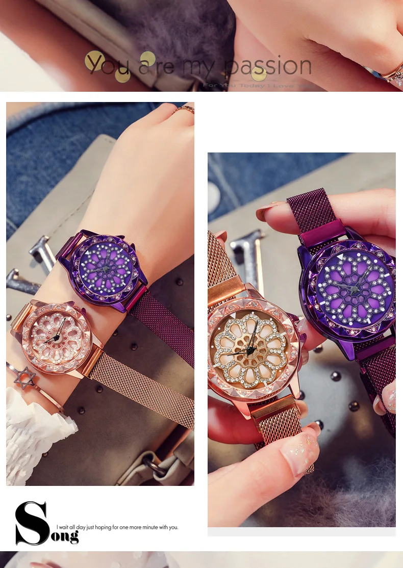 Роскошные счастливые женские часы-браслет розовое золото вращающиеся цветочные часы модные бриллиантовые женские кварцевые магнитные наручные часы