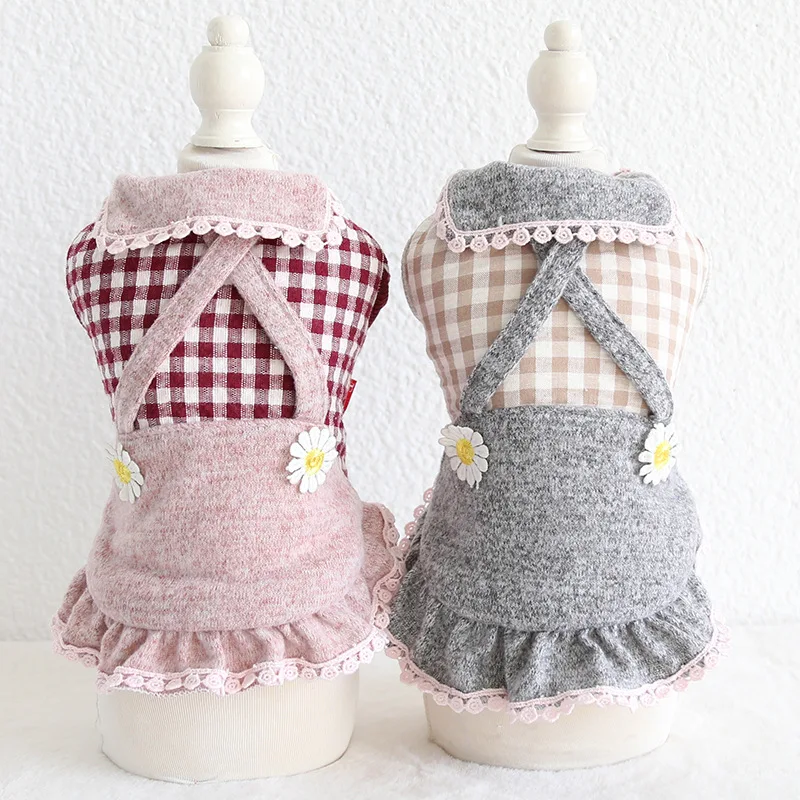 

2019 Autumn and Winter Newest Plaid Design Dress for Dogs Lace Doll Fashion Warm Dress Pet Clothes Pink Grey Colors Dog Clothing