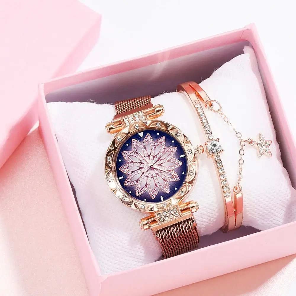 Модные женские сетчатые часы с магнитной пряжкой, роскошные женские часы с цветочным принтом, стразы, кварцевые часы, Набор браслетов для женщин, Relogio Feminino - Цвет: Rose Set