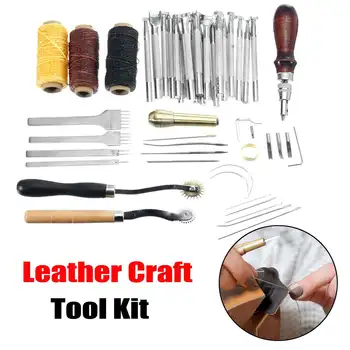 

49PCS Leather Craft Kit Tools Thread Awl Waxed Thimble Kit For Hand Stitching Sewing Stamping DIY Hand Tool Set